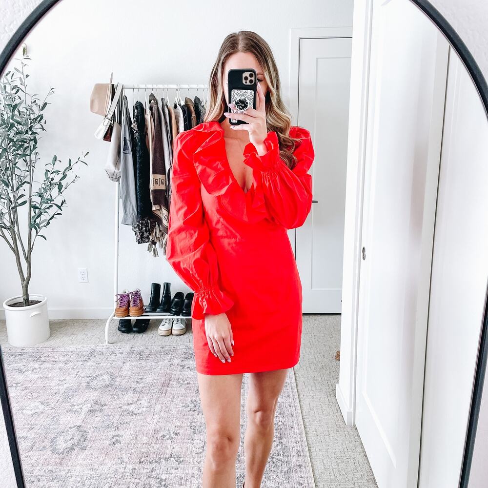 CAMILA COEHLO‎ Ruffle Long Sleeve Red Dress